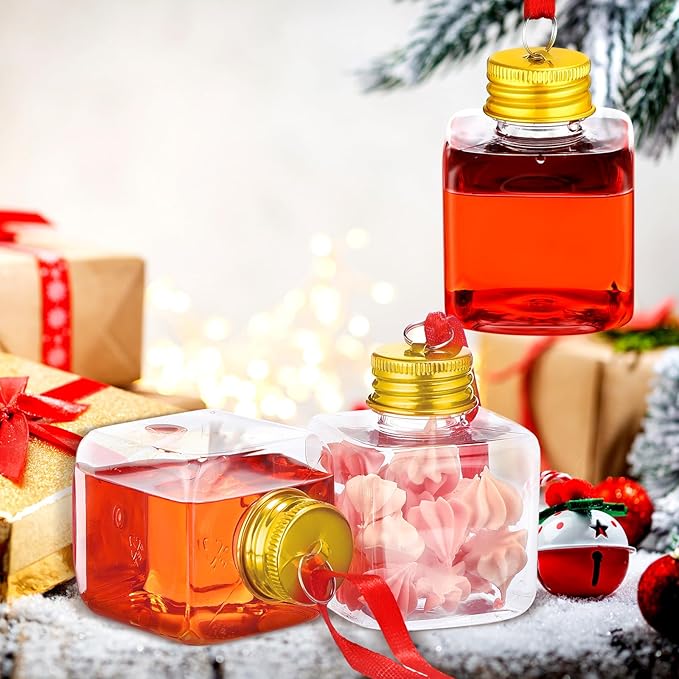 Patelai 18 Pcs Christmas Drink Balls Clear Shot Glass Ornaments Xmas Tree Fillable Ornaments Plastic Xmas Water Bottle Bulbs for Holiday Party Decorations(Square,50 ml)