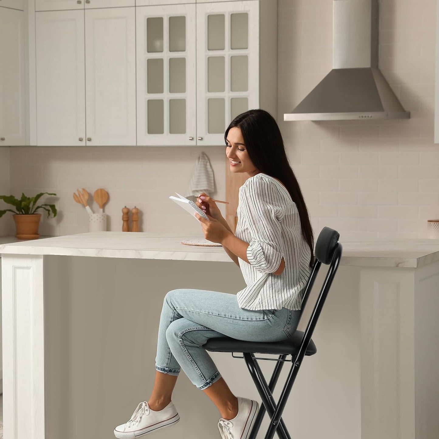 Thyle 1 Pcs Folding Bar Stool with Backrest, Tall Foldable Stool Chair Portable High Folding Bar Chair Counter Height Seat Leather Padded for Kitchen Island Shop Cafe Dining Room Black (29.5 Inch)