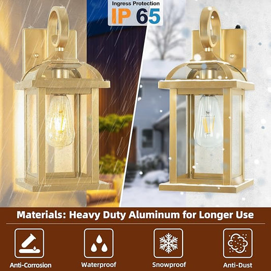 Dusk to Dawn Gold Porch Light 2-Pack 15 Inch, Aluminum Anti-Rust Large Outdoor Wall Lanterns with IP65 Waterproof Clear Glass Brass Outdoor Lights for House Photocell Patio Carriage Lights