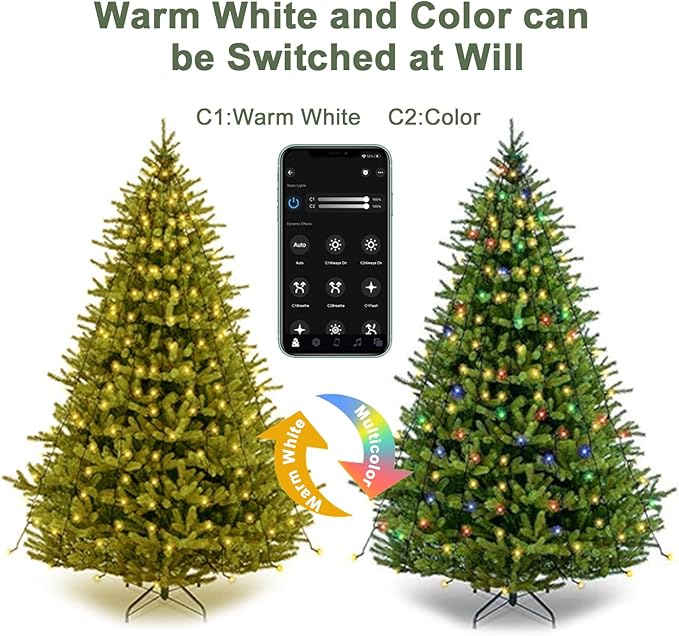 Smart Christmas Tree Lights with Ring,6.6ft 16 Lines String Light,400 LED Fairy Light,APP Control Music Sync LED Lights for 4-10ft Indoor and Outdoor Christmas Tree Decoration(Warm White & Multicolor)