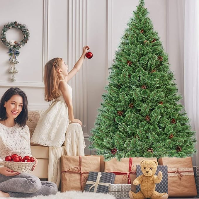 HAPPYGRILL 6FT Pre-Lit Hinged Christmas Tree Artificial Pine Tree with 484 Tips & 260 LED Lights, 49 Pine Cones & Foldable Metal Stand, Holiday Decoration Xmas Tree for Home and Shop