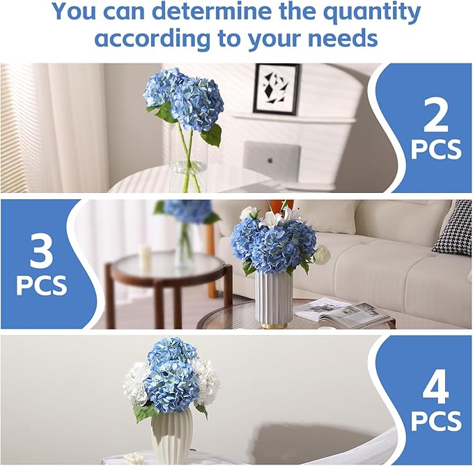Nubry 22.44In Hydrangea Artificial Flowers, 4Pcs Latex Faux Real Touch Large Hydrangea Flowers with Long Stems & Leaves for Home Office Decor Wedding Party Arrangements(White&Blue)