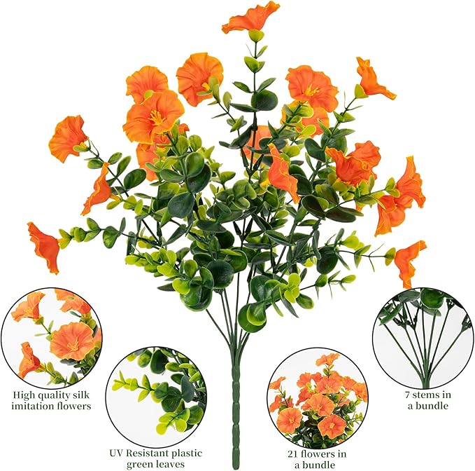 Lnoicy Artificial Flowers for Outdoor 12 Bundles Eucalyptus Fake Flowers for Planter,UV Resistant Fake Morning Glory for Home/Porch/Garden Decoration（Orange）