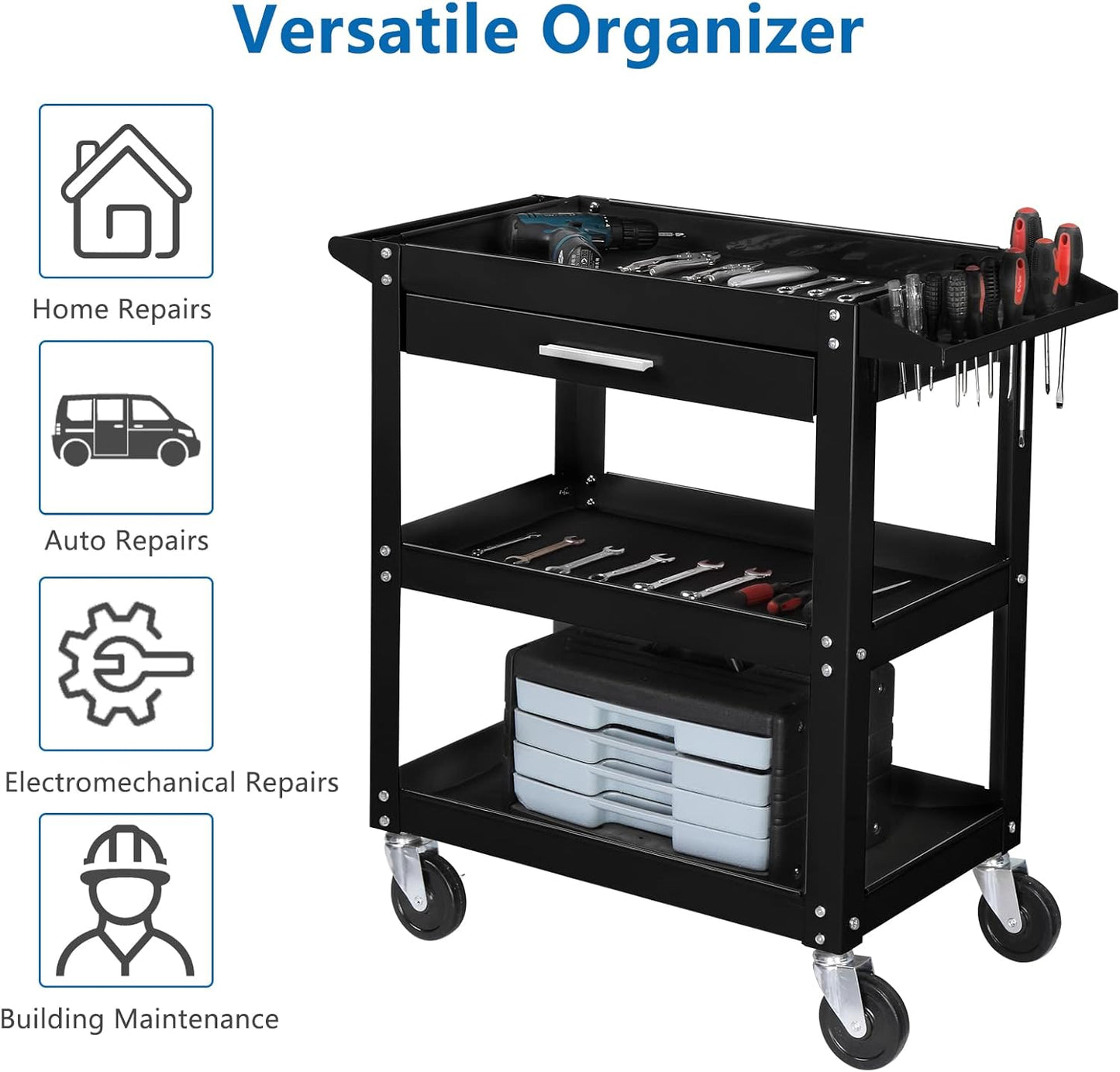TUFFIOM 3 Tier Rolling Tool Cart with Drawer, Tool Service Cart on Wheels w/2 Brake, 330 LBS Capacity Industrial Heavy Duty Utility Cart, Tool Organizer for Mechanic, Garage, Warehouse & Repair Shop