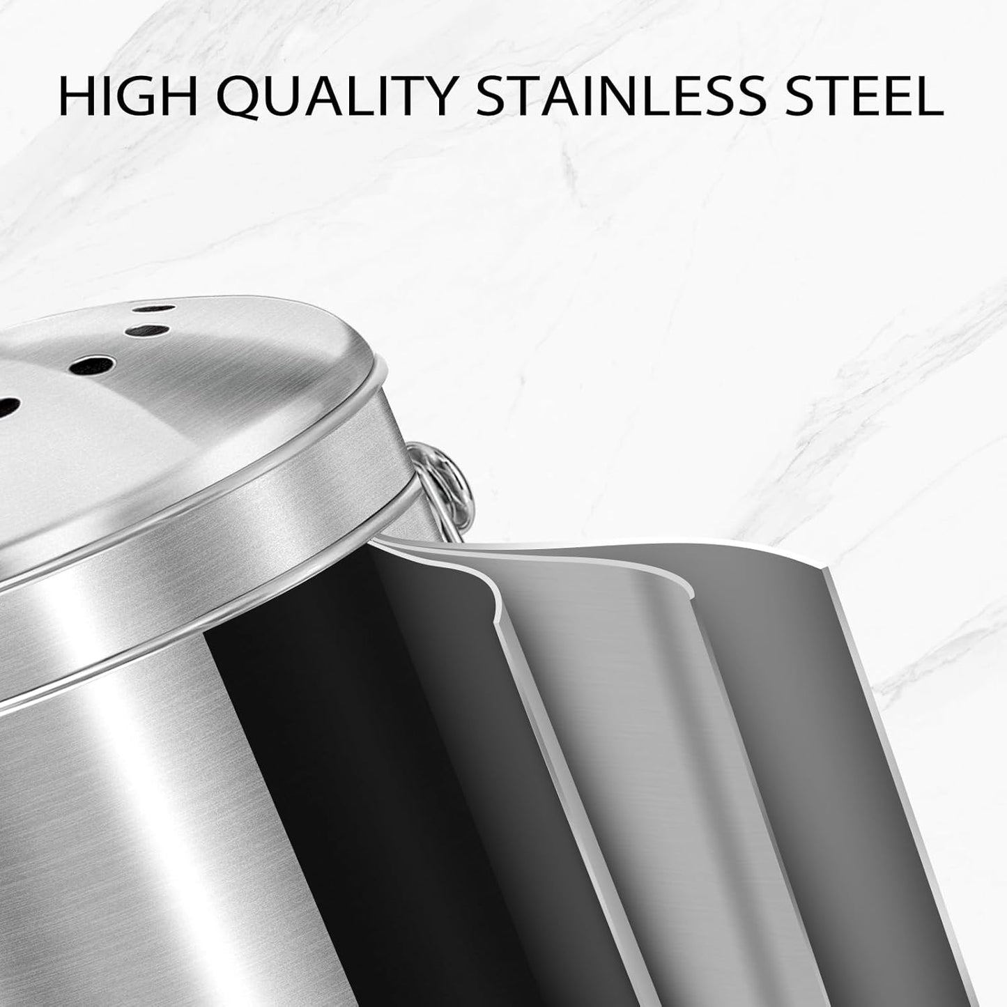 ENLOY Compost Bucket for Kitchen Countertop, 1.3 Gallon Stainless Steel Compost Bin Indoor with Lid, Odorless Food Waste Bucket with Charcoal Filter, Compost Pail for Kitchen with Carrying Handle