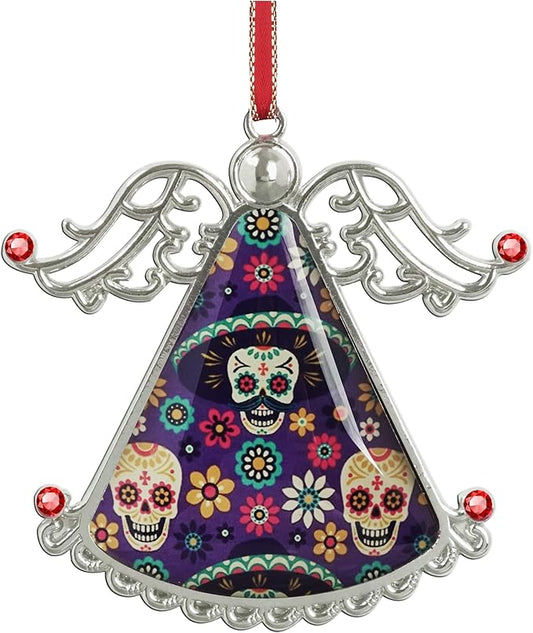 XUTAI Angel Christmas Tree Ornaments Sugar Skulls Flowers on Dark Glass Hanging Angel Glass Pendant for Holiday Decoration