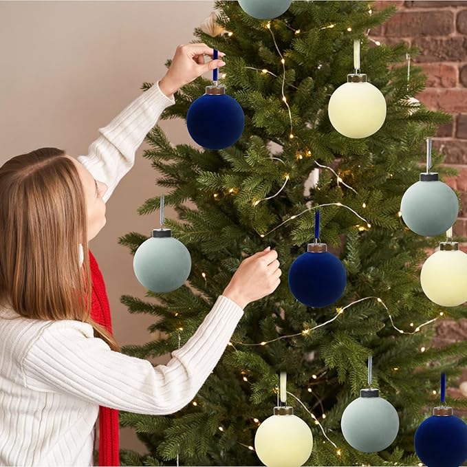 12 Pcs Velvet Christmas Balls Bulk Shatterproof Plastic Christmas Tree Decorations for Decorative Hanging Baubles (12, Beige、Haze Blue、Navy Blue, 3.94Inch)