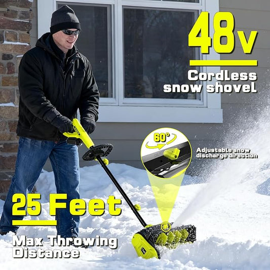 Cordless Snow Shovel, 48V Electric Snow Blower, 13.5 Inch Cordless Snow Removal Shovel with Adjustable Light, 4.0AH Battery, Quick Charger, Directional Plate - Green