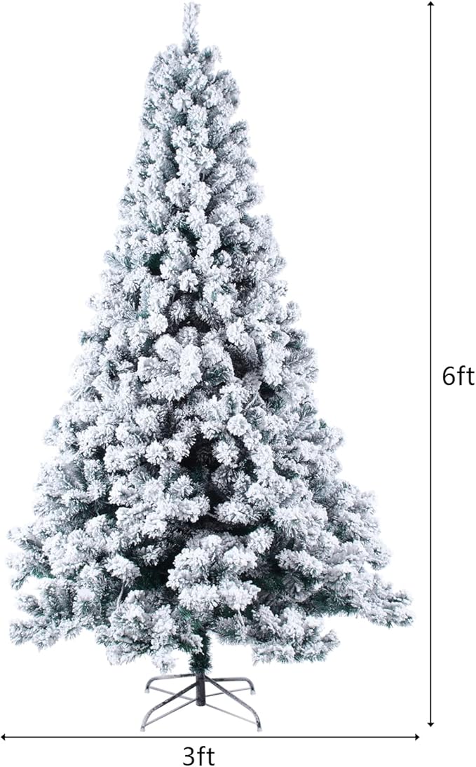 VINGLI 6ft Artificial Christmas Pine Tree with 550 Warm LED Lights, Pre-Lit Flocked Xmas Tree with 928 Full Branch Tips, Sturdy Metal Stand, 8 Color Modes for Holiday & Party Decorations