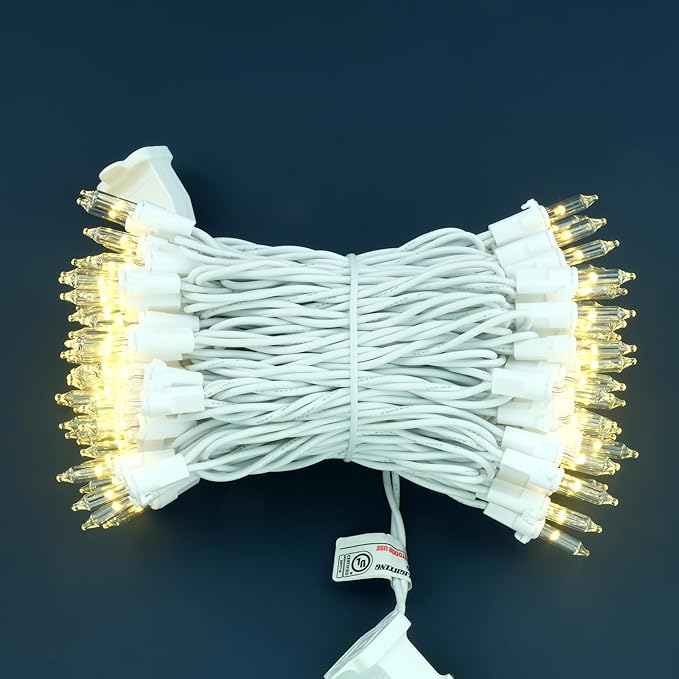 YULETIME 100 Count Clear Warm White Christmas Lights, 33 Feet White Wire UL Certified Incandescent-Like LED Mini String Lights
