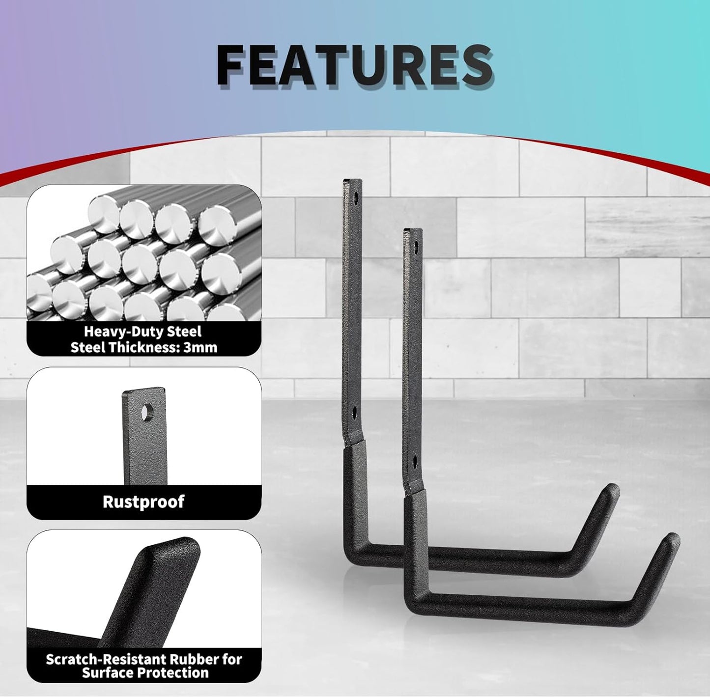 Heavy Duty Steel Hooks - Wall Mount Utility Hooks for Garage & Garden, Hose Hanger & U Hooks (4, Large)