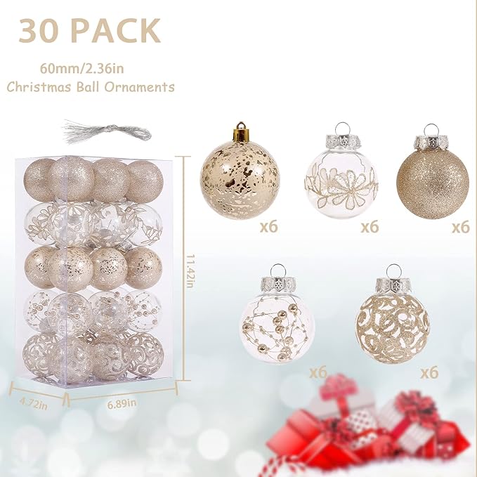 60mm/2.36inch Clear Christmas Ornaments Set, 30ct Champagne Christmas Ornaments Balls for Christmas Tree Decorations Shatterproof Transparent Baubles with Stuffed Decoration for Xmas Wedding Party