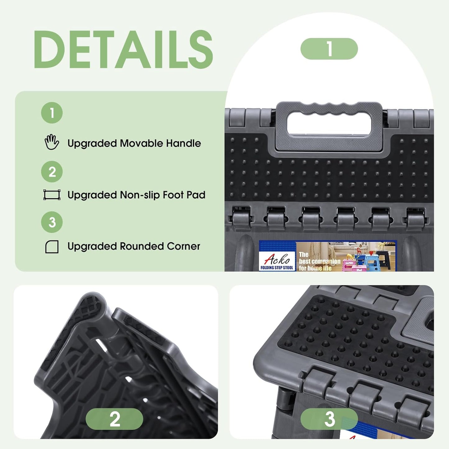 ACKO Folding Step Stool Foldable 16 Inch Stools for Adults and Kids, Plastic Stools Tall 400 lbs Capacity, Collapsible Stool for Kitchen, Stepping Foot Stool with Handle, Dot Grey, 1 PC