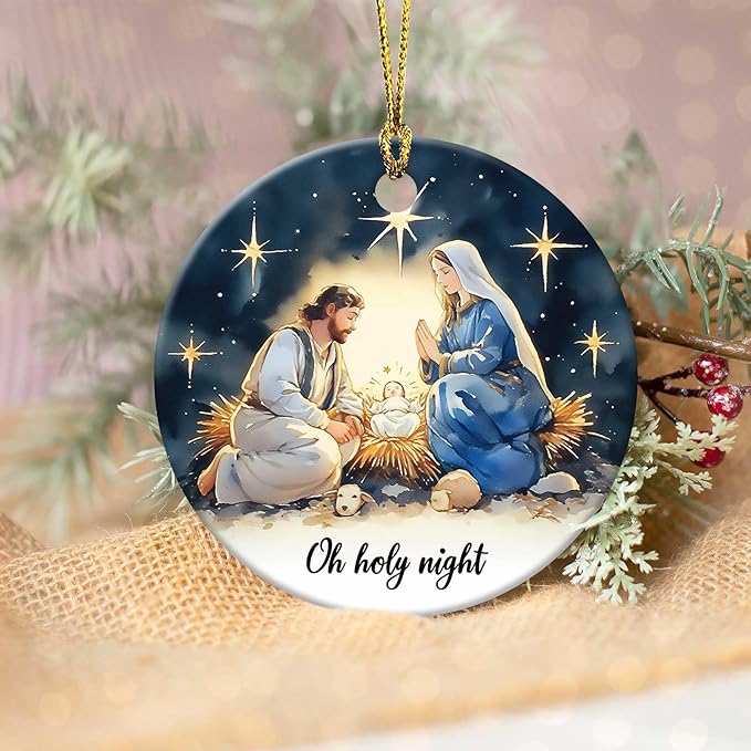 Oh Holy Night Ornaments Round Ceramic Birth of Jesus Mary Joseph Christ Ornament Christmas Keepsake Decor for Christmas Tree Winter Holiday Xmas Gift for Women Men Xmas Hanging Ornament 3"