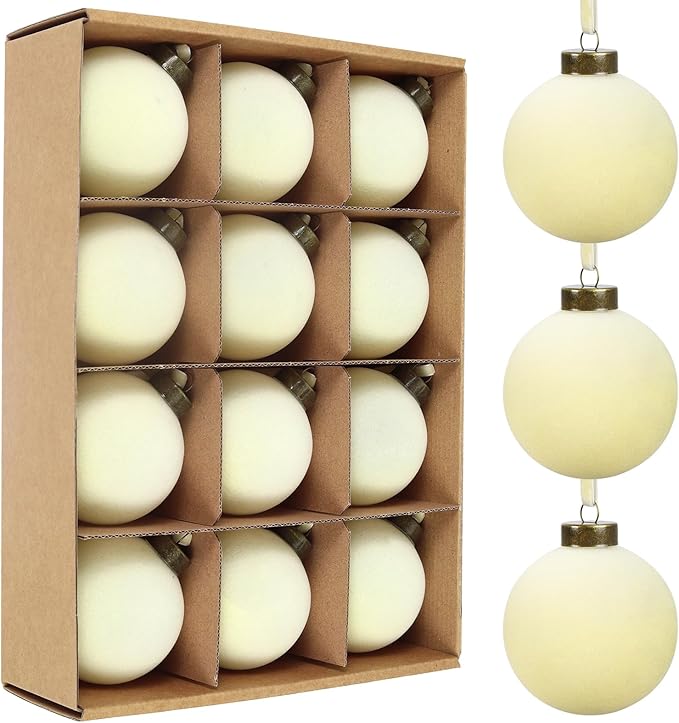 12 Pcs Velvet Christmas Balls Bulk Shatterproof Plastic Christmas Tree Decorations for Decorative Hanging Baubles (12, Beige, 3.15Inch)