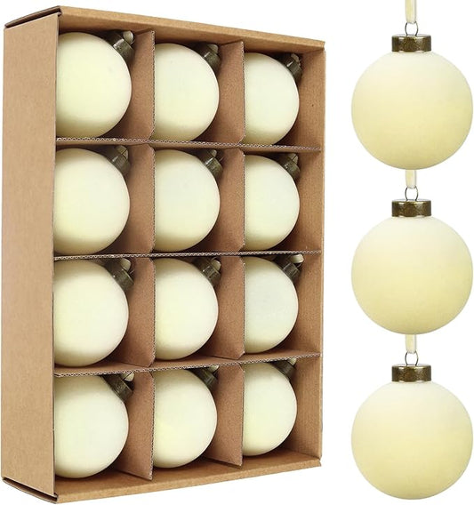 12 Pcs Velvet Christmas Balls Bulk Shatterproof Plastic Christmas Tree Decorations for Decorative Hanging Baubles (12, Beige, 3.15Inch)