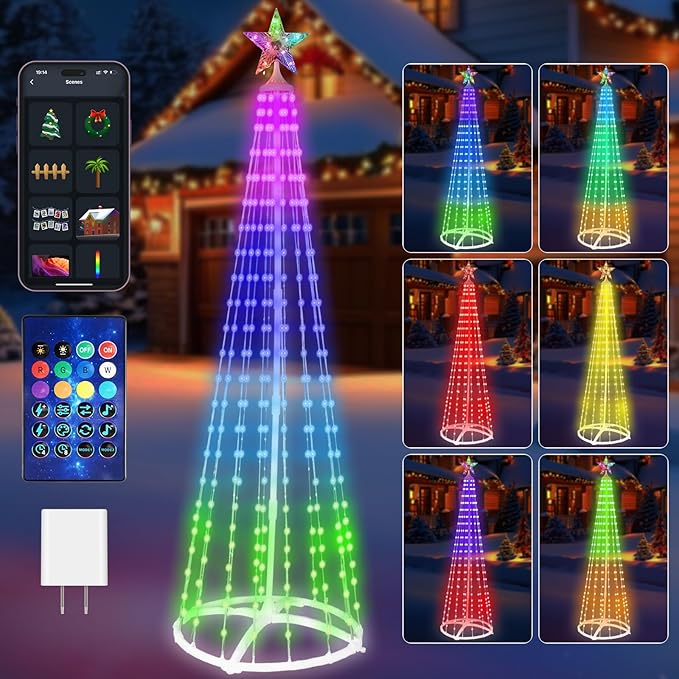 8FT Smart Christmas Cone Tree Lights, 2025 Waterproof Outdoor LED Christmas Tree with App & USB Control, Remote Timer, Music Sync, Prelit for Outside Porch Yard Xmas Decorations