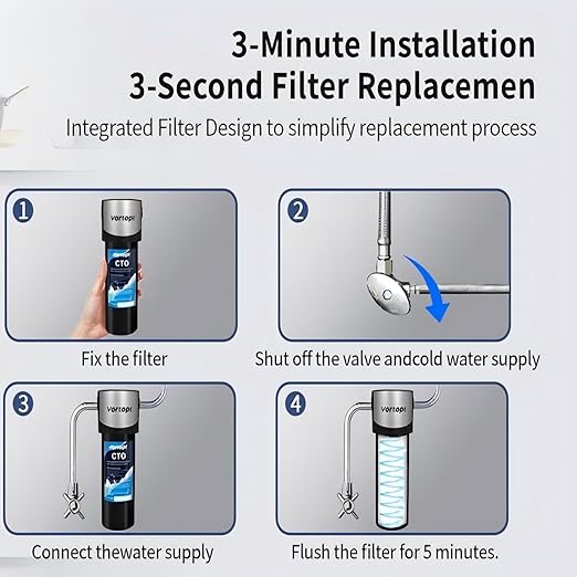 Vortopt Q7 Under Sink Water Filter System,Reduces Chlorine,Lead,Bad Taste & Odor,Under Counter Water Filter Direct Connect to Kitchen Faucets,NSF/ANSI 372/42 Certified,2 Year.