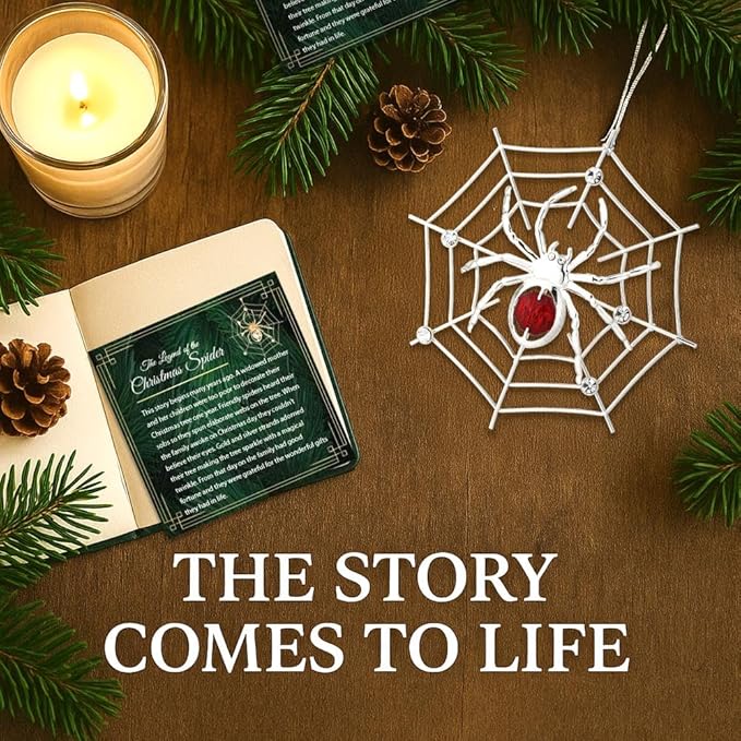 Matashi Silver Plated Christmas Tree Spider Ornament w Red, Clear Crystals Lucky Hanging Decoration, Holiday Ornament Gift, Unique Spider Decor for Christmas & Halloween Party w Tinsel Legend Story