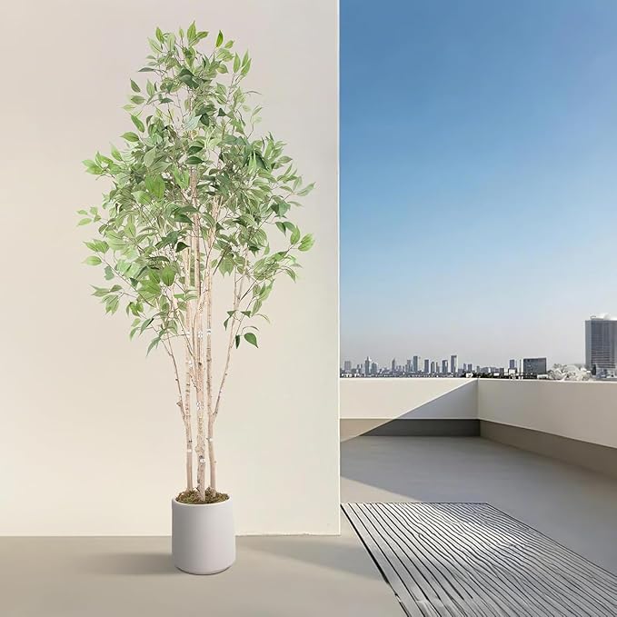 Artificial Fake Ficus Tree 8FT Tall 1Pack with White Planter & Free Moss, Artificial Plants Indoor, Artificial Trees for Home Decor Indoor, Faux Ficus Tree