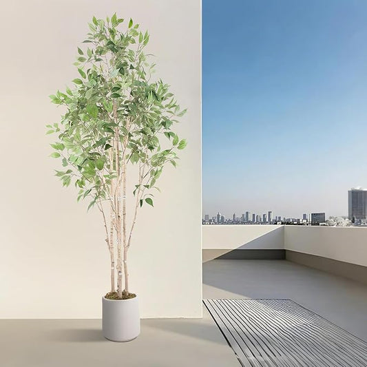 Artificial Fake Ficus Tree 8FT Tall 1Pack with White Planter & Free Moss, Artificial Plants Indoor, Artificial Trees for Home Decor Indoor, Faux Ficus Tree