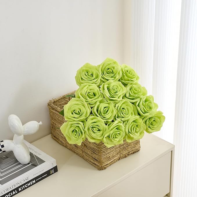 15pcs Green Fake Roses Artificial Silk Flowers Faux Rose Flower Long Stems Bouquet for Arrangement Wedding Centerpiece Party Home Kitchen Decor