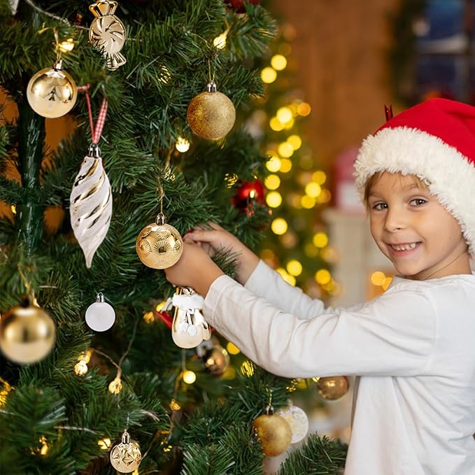 Shatterproof Christmas Ball Ornaments Set, 130 Pack Christmas Tree Decorations, Assorted Hanging Christmas Balls Bulk for Holiday Indoor Outdoor Xmas Party Decor (130 Golden)