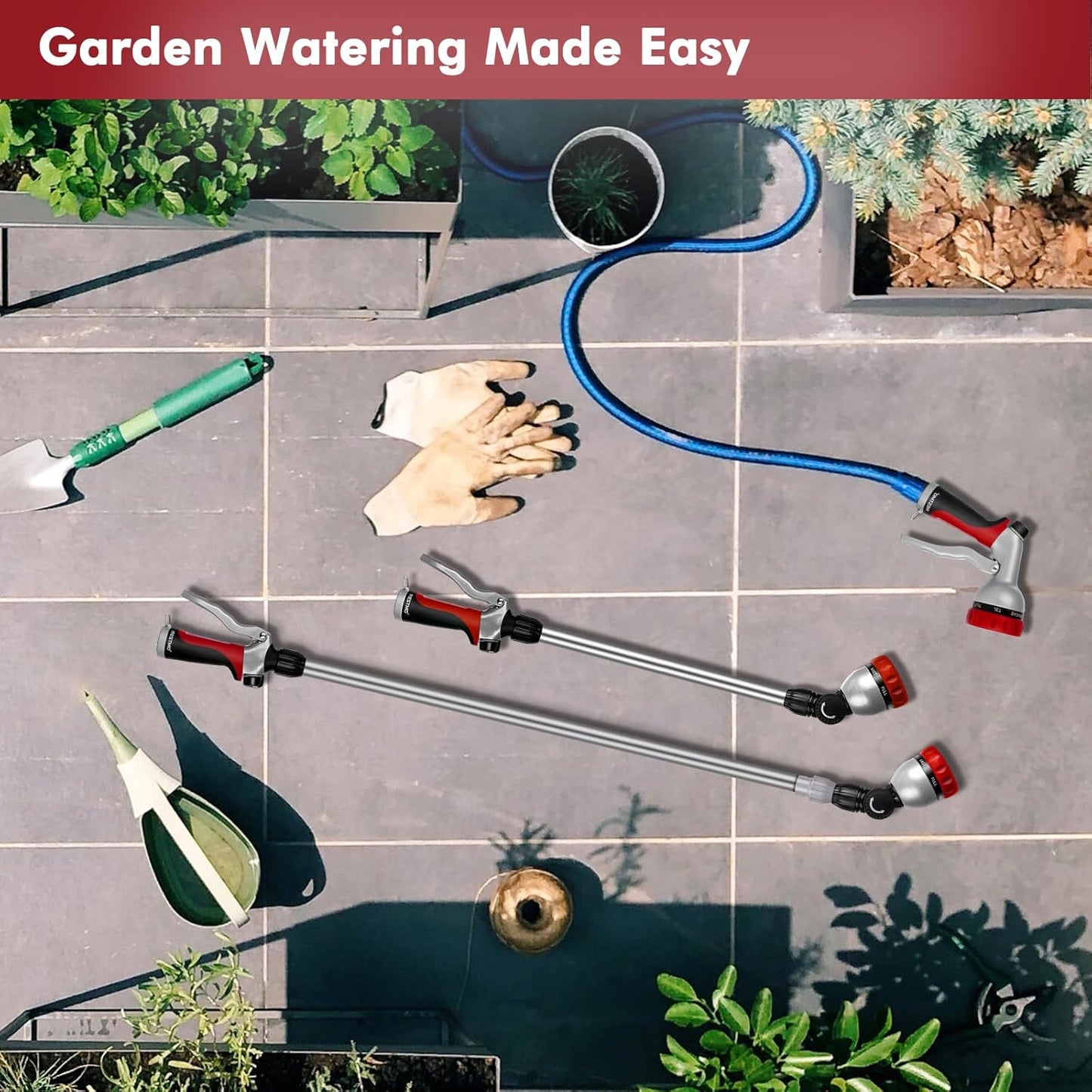 RESTMO Metal Watering Wand, 36”-60” Long Telescopic Tube | 180° Adjustable Ratcheting Head | 7 Spray Patterns | Flow Control, Perfect Garden Hose Sprayer to Water Hanging Baskets, Shrubs, Red