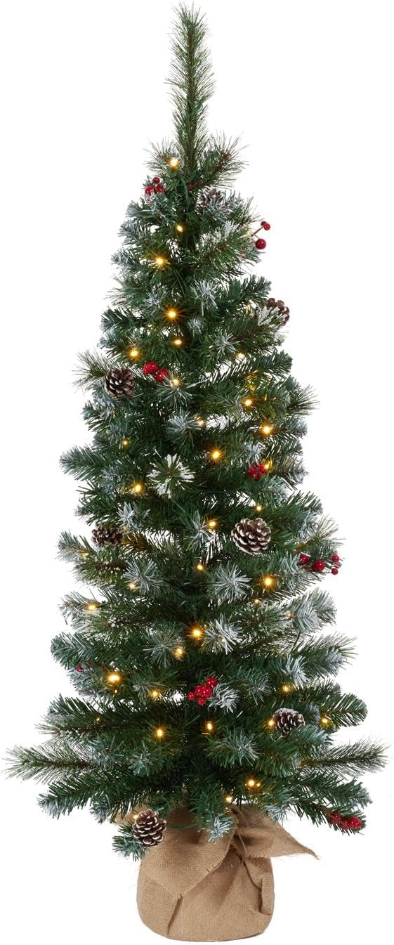 4ft Prelit Christmas Tree, Small Artificial Christmas Tree w/ 70 Warm White Lights, 122 Branch Tips, Easy Assembly, Xmas Decoration for Home, Office, Porch, Entryway, Holiday Party