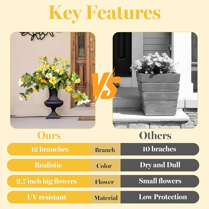 Artificial Morning Glory Fake Flowers for Outdoor Planter Decoration, 2 Pcs Petunias Realistic UV Resistant Faux Silk Flowers for Garden Balcony Porch Indoor Decor (Yellow White)