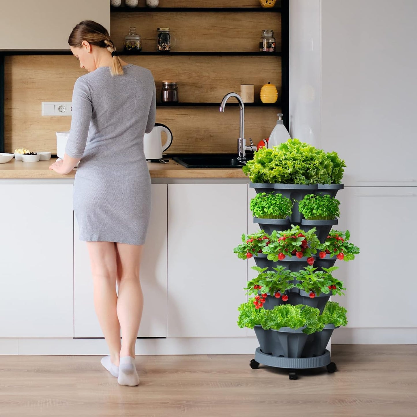 Strawberry Vertical Planter Tower Garden, 7 Tiered Stackable Planter Herb Garden Planter with Movable Casters and Bottom Saucer Indoor and Outdoor - Dark Grey