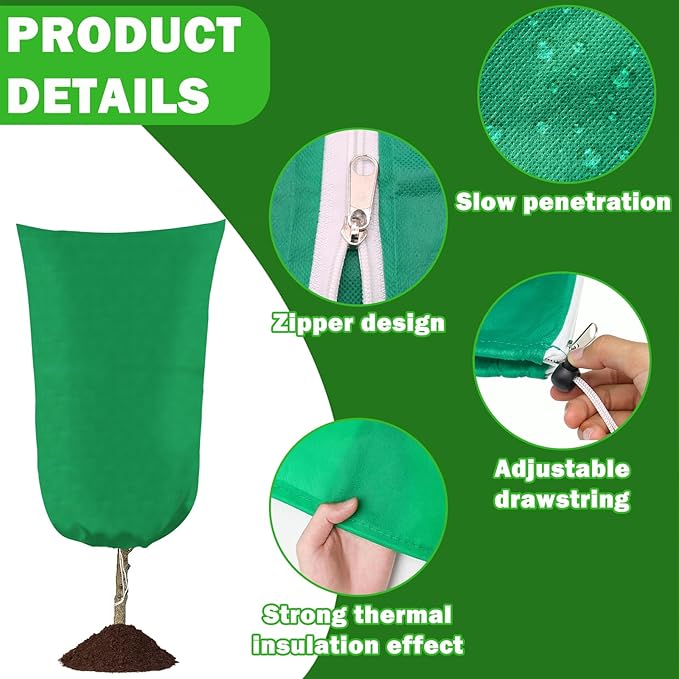 4 Pack Plant Covers Freeze Protection, 31.5" W x47.3 H Winter Frost Protection Blankets Frost Cloth Plant Freeze Protection with Zipper Drawstring for Outdoor Plants (Green)