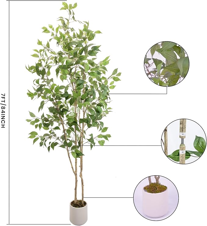 Artificial Fake Ficus Tree 7FT Tall 2Pack with White Planter & Free Moss, Artificial Plants Indoor, Artificial Trees for Home Decor Indoor, Faux Ficus Tree