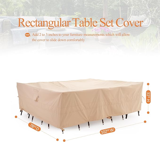 WJ-X3 Rectangular Beige Patio Table Cover, 102W x 78D x 31H Inches - Heavy Duty, Waterproof, Wind-Resistant, Anti-Fade - Ideal for Outdoor Dining Set Protection