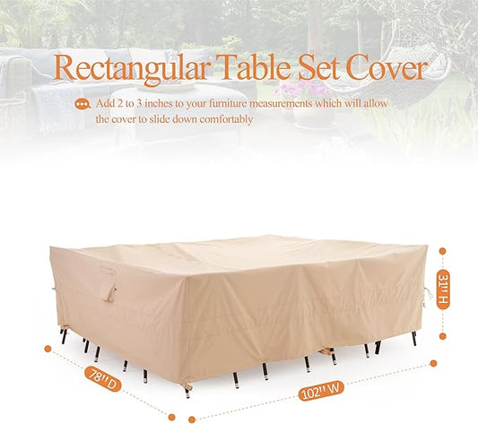 WJ-X3 Rectangular Beige Patio Table Cover, 102W x 78D x 31H Inches - Heavy Duty, Waterproof, Wind-Resistant, Anti-Fade - Ideal for Outdoor Dining Set Protection