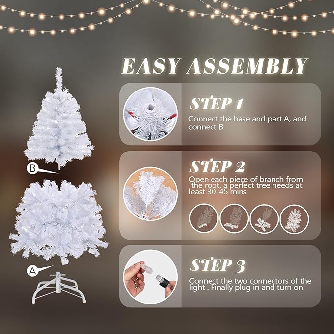 VINGLI 4ft White Artificial Christmas Tree with 140 Warm White Lights, 8 Lighting Modes, 346 Full Tips Branches, Sturdy Metal Stand, Pre-Lit Xmas Tree for Holiday & Party Decorations
