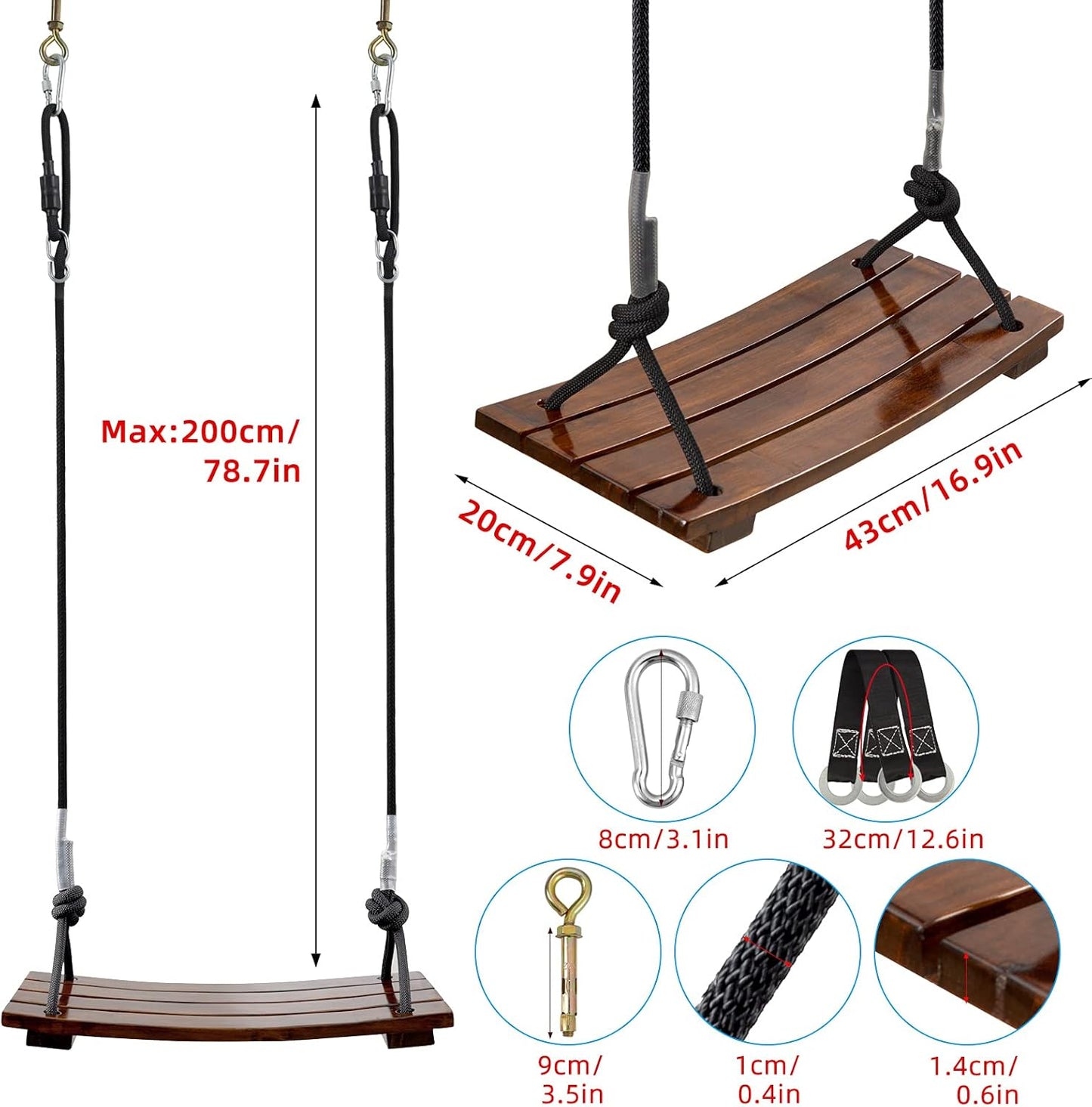 Pellor Wood Tree Swing Seat,Indoor Outdoor Rope Wooden Swing Set for Children Adult Kids (Chocolate)