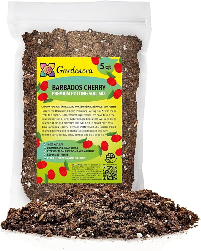 Premium Barbados Cherry Plant Soil Mix by Gardenera - Stimulate Growth and Elevate Fruity Delights with Nourishing Formula - 5 Quart