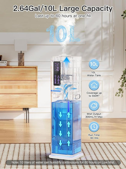 10L/2.64Gal Humidifiers for Bedroom, Top Fill Quiet Ultrasonic Cool Mist Humidifier Large Room, Covers 550ft², 60H Runtime, 24H Timer, 3 Mist Modes Humidifiers for Home, Office, Plants, White