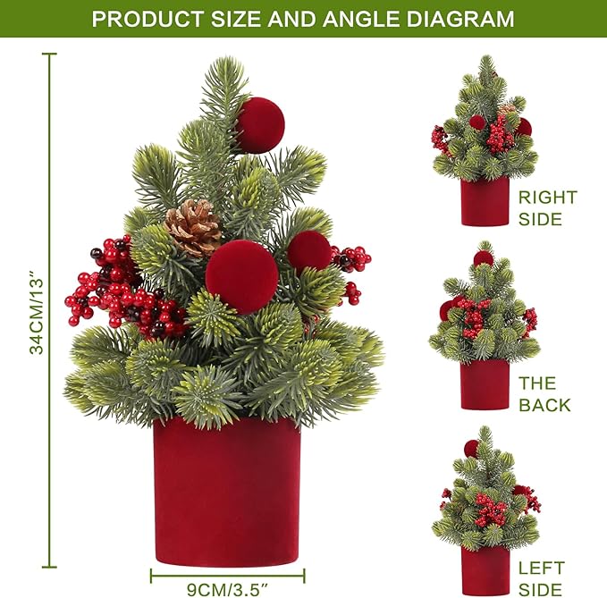 Small Christmas Tree, 12Inch Artificial Burgundy Velvet Ball Berry Mini Tabletop Christmas Decorations, for Home Party Thankgivings Xmas Indoor Decor.