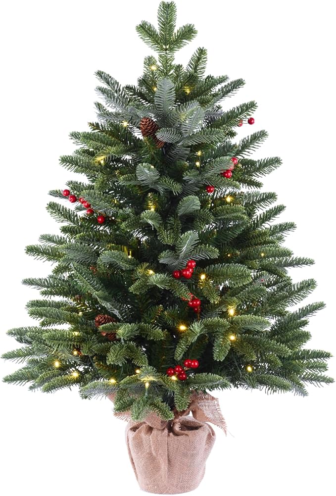 3ft Pre-Lit Premium Artificial Christmas Tree with 80 LED Lights Frazer Fir Mini Xmas Trees, Cement Burlap Base Basin, for Home Tabletop, Green