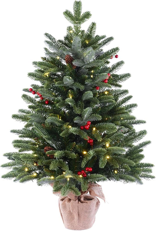 3ft Pre-Lit Premium Artificial Christmas Tree with 80 LED Lights Frazer Fir Mini Xmas Trees, Cement Burlap Base Basin, for Home Tabletop, Green