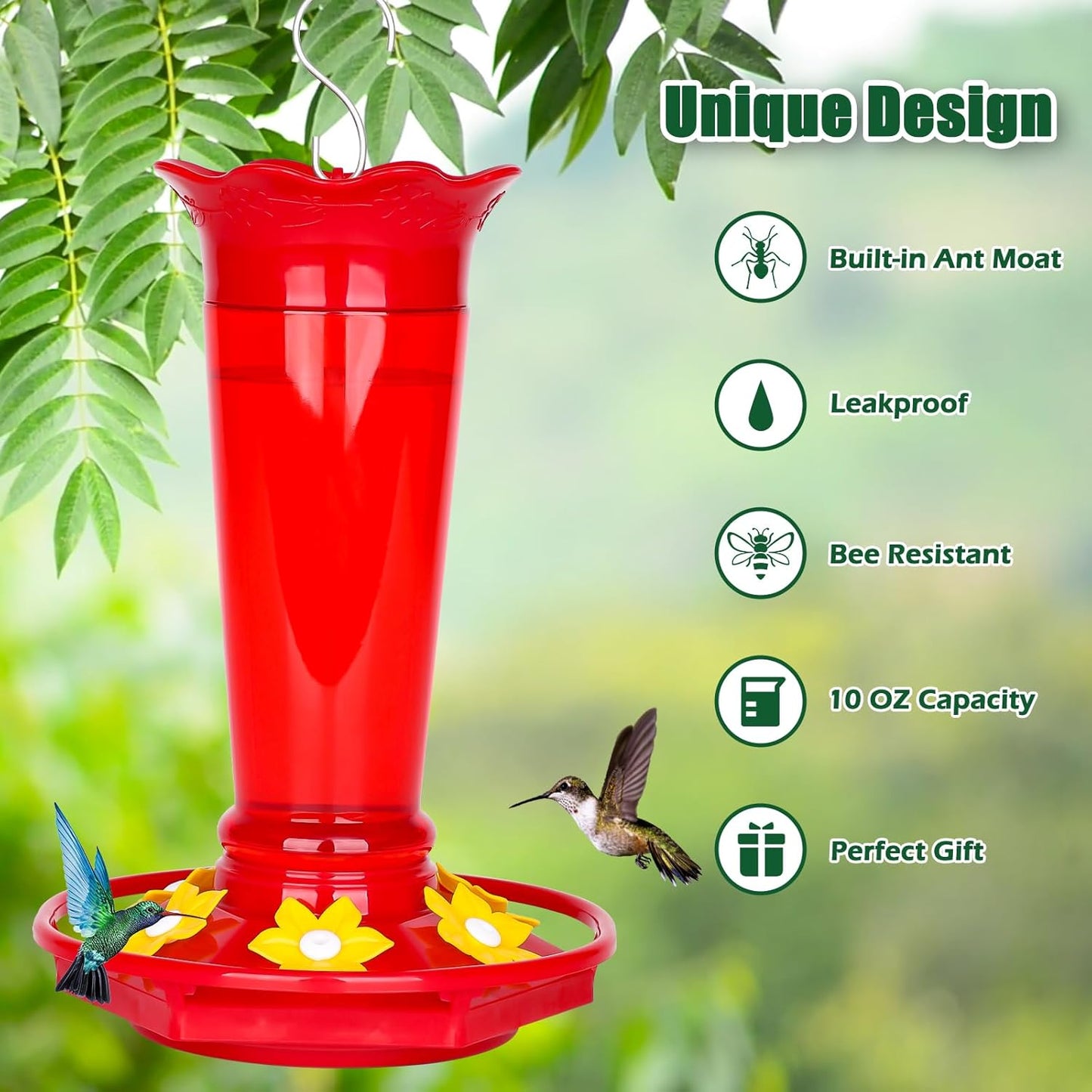 FEED GARDEN 10oz Plastic Hummingbird Feeders for Outdoors - 2 Pack Red, Ant & Bee Proof, 6 Feeding Ports, Easy Clean Red Nectar Feeders for Outside Hanging, Gifts for Mom