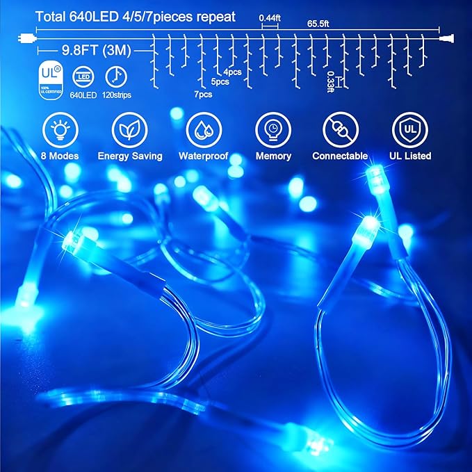 JXLEDAYY 65 FT 640 LED Christmas Lights Outdoor Decorations Clear Wire String Lights Plug in 120 Drops 8 Modes Memory Timer Connectable Curtain Fairy Lights Waterproof for Holiday Wedding Party-Blue