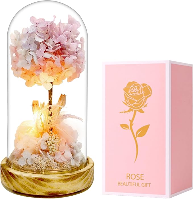 dranmoner Christmas Rose Gifts with LED Lights,8 inches 3D Pink Hydrangea Tree and Preserved Flower Arrangement,Wooden Base,for Birthday,for Mom Grandma Wife Friend Used as for Occasions Home Decor