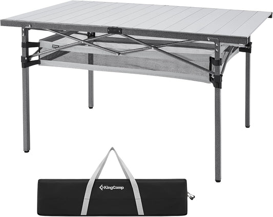 KingCamp Folding Camping Table, Aluminum Roll-Up Camp Table, Large Foldable Table for 6-8 Person, Outdoor Portable Tables with Carry Bag, 180 LBS Heavy Duty Load (Silver+Mesh：53.5"x27.5")
