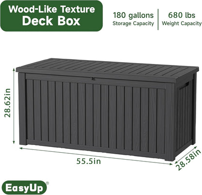 180 Gallon Outdoor Storage Box Waterproof, UV Resistant Resin Deck Box with Hydraulic Rod, Reinforced Stability for Patio, Garden, and Pool, Striped Black