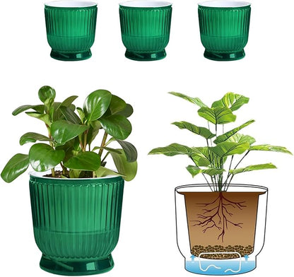 T4U 6 Inch Self Watering Pots for Indoor Plants, 4 Pack Self Watering Planter, Self Watering Pot with Reservoir, Small Self Watering Pots for Plants, African Violets (4 Pack, 6", Translucent Green)