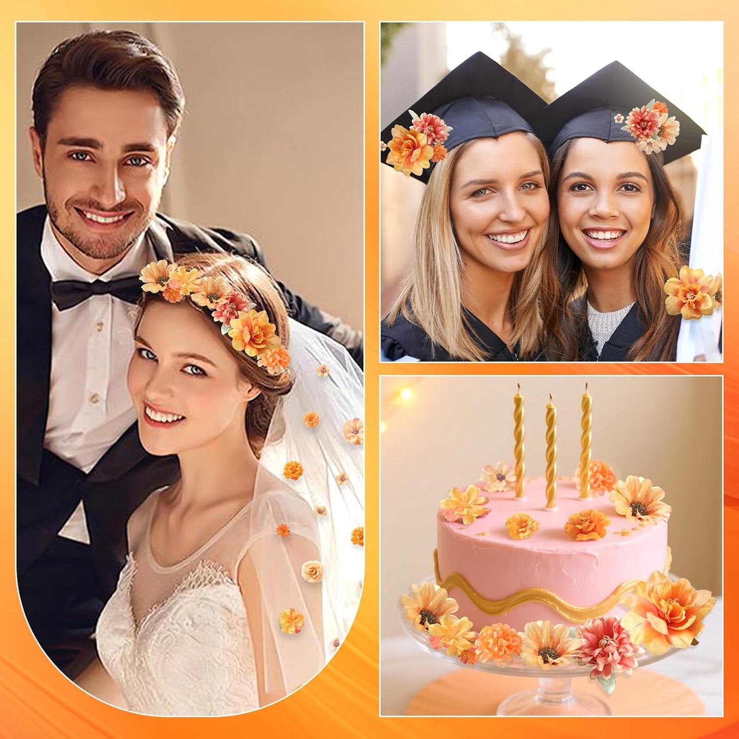 Small Artificial Flower Heads 2-4 cm, Fall Silk Faux Orange Peony Daisy Rose, for DIY Crafts, Wedding Garland, Graduation Cap, Cake Topper & Home Decoration