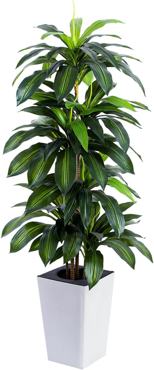 Artificial Dracaena Tree with White Tall Planter, 5ft Tall Potted Artificial Dracaena Silk Plant, Fake Yucca Tree Plant, Home Office Floor Room Decor Plants Indoor Outdoor, Housewarming Gift